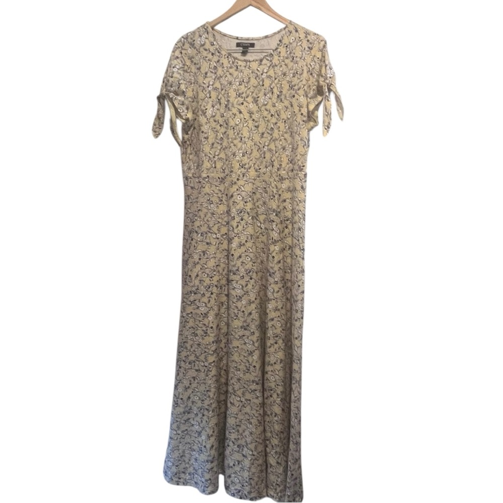 Chaps Floral Maxi Dress XL Yellow Cottagecore Tie Sleeve Vintage Prairie Boho